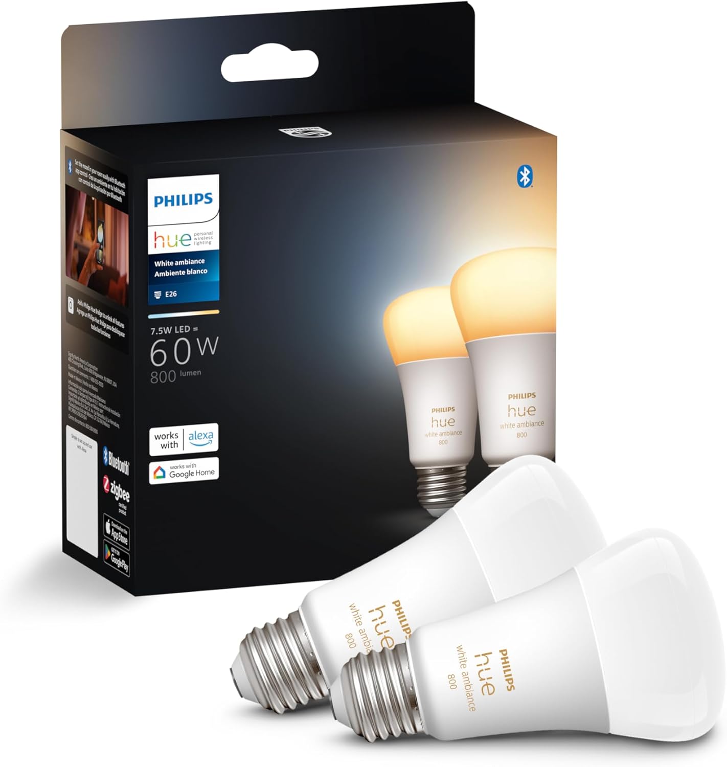 Philips Hue Smart A19 LED Bulbs – 60W Equivalent, 1 Pack, White Ambiance